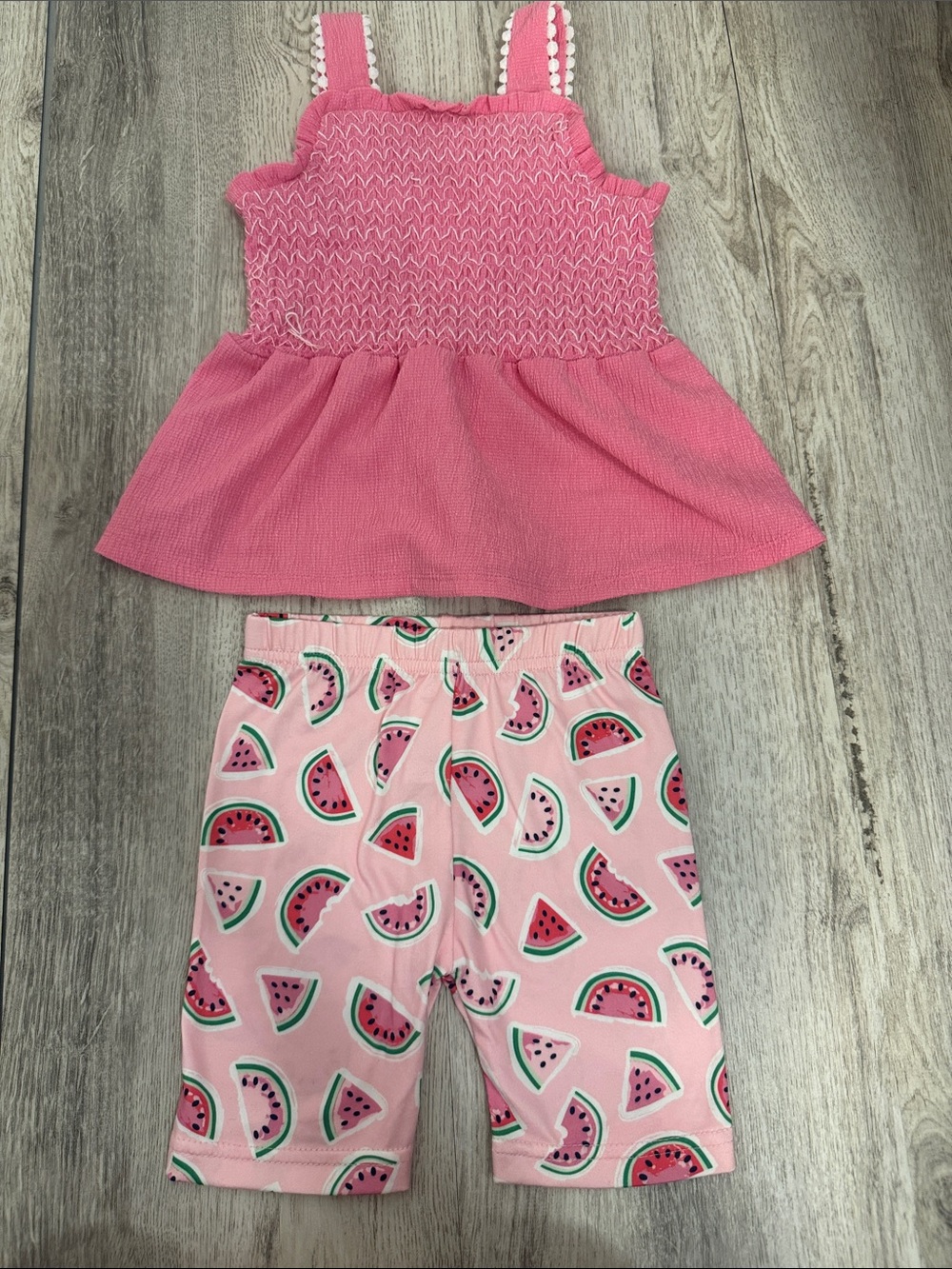 Little Lass Pink Smocked Tank and Watermelon Print Shorts Set